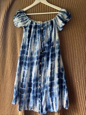 Tie-Dye Blue Midi Dress with Button Front